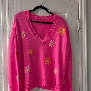 Lilly Pulitzer Pink V-Neck Sweater with Floral Design